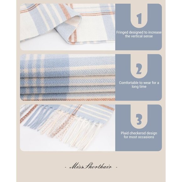 Women Cream Blue Check Winter Warm Shawl Wraps Tartan Blanket Oversized Scarves - Picture 4 of 6